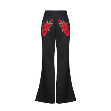 HDY Haoduoyi Fashion Flora Embroidery Pants Women High Waist Slim Female Wide Leg Pants Vintage Black Split Ladies Casual Pants