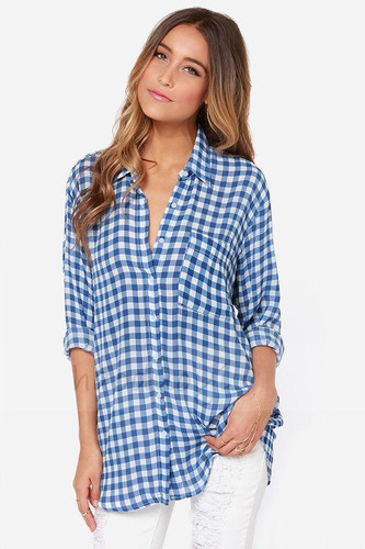 HDY Haoduoyi Fashion casual blue plaid women Blouse loose long shirt for wholesale and free shipping Women Tops Female