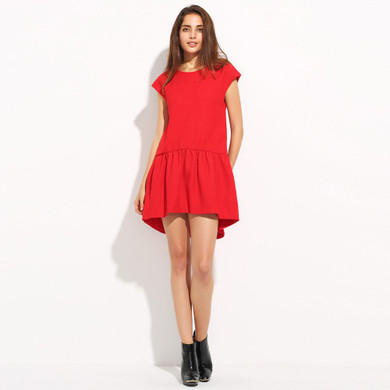 HDY Haoduoyi Dress Women Summer Short Sleeve Pleated Girl Mini Dress Irregular Loose O-Neck Solid Casual Party Dresses
