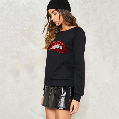 HDY Haoduoyi 2018 Fashion Women Spring Sequin Red Lips Print Sweatshirt Casual Preppy O-Neck Long Sleeve Black Hoodie Pullovers