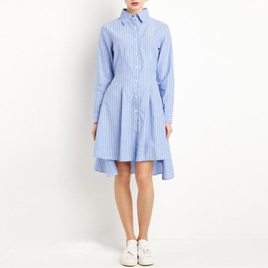 HDY Haoduoyi 2017 New Fashion Women Preppy Style  Tie Waist High Low Casual Single Button Long Sleeve Striped Shirt Dress