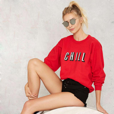 HDY Haoduoyi 2017 Autumn Women Fashion Solid Red Brief Letters Print Loose Sweatshirt Long Sleeve Crew Neck Pullover Sweatshirt
