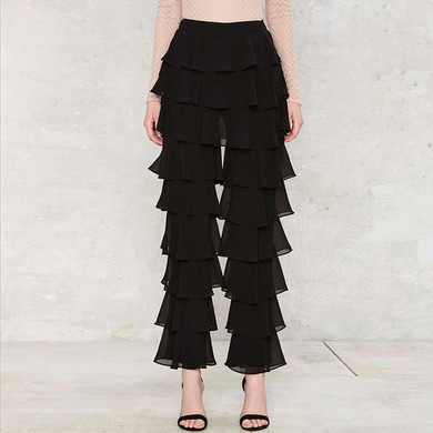 HDY Haoduoyi 2016 New Women Fashion Casual Loose Solid Black Ruffle Straigh Vintage Elegant  Mid-rise Long Flare  Pants