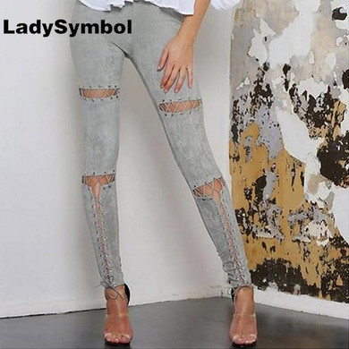 LadySymbol Sexy Women Lace Up Faux Suede Stretch Bodycon Trousers Hollow Out Spring Pencil Pants Female High Waist Bandage Pants