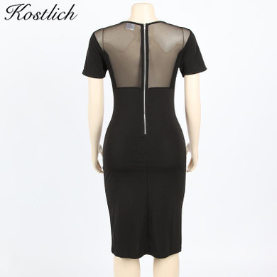 Kostlich Summer Black Dress 2017 Sexy Women Bandage Short Sleeve Mesh Patchwork Dresses Elegant Pencil Bodycon Back Zipper Dress