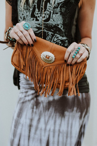 Leather Fringed Concho Clutch - Tan