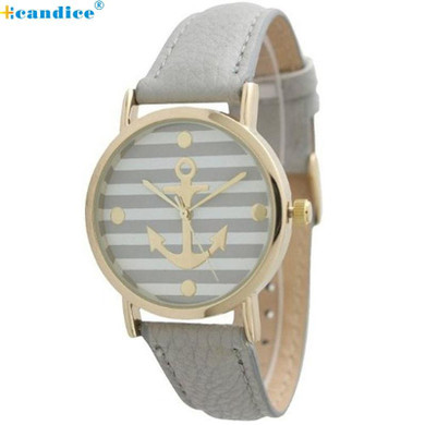 Drop Shippong Lady Hours Clock Reloje Women's Geneva Striped Anchor Style Leather Watch - Grey