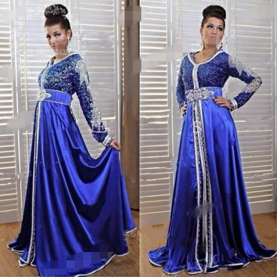 2017 Arabic Kaftan Royal Blue Dubai Evening Dress Long Sleeves V-Neck islamic Caftan Formal Party Gowns Prom Vestidos de Fiesta