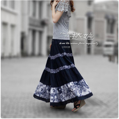 2017 50s Vintage Summer Skirts Womens Pleated Cotton Linen Skirt Floral Print Bohemian Skirt