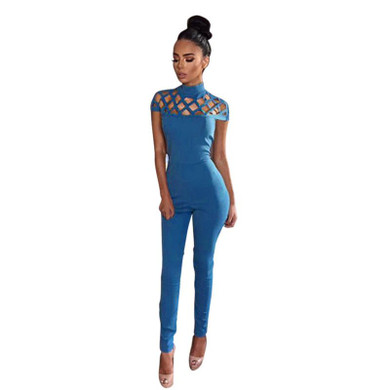 2016 Womens Choker High Neck Caged Sleeve Playsuits Long Rompers Women Jumpsuits  Summer women's bodysuits #25
