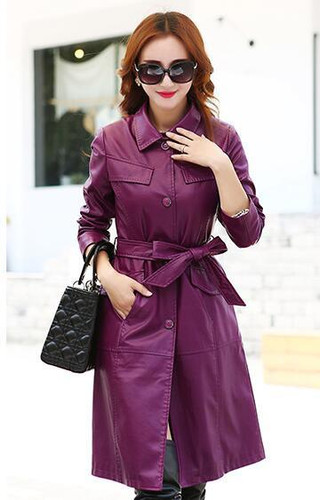New Chinese style Femme Leather Coat Jaqueta De Couro Feminina Women Long Leather Coat turn-down Collar PU Leather Trench