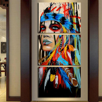 Framed 3pcs Abstract Print The Indians feathered home decor Canvas Print Native american girl Painting Wall Art Picture PT0730