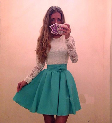 2017 Fashion sweet white lace stitching A-Line dresses Vestidos O-Neck long sleeve Sexy Party dress Mini plus Size yismall