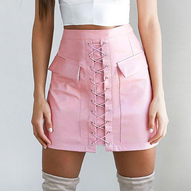 2017 Fashion PU Leather Skirts Womens Bodycon Lace Up Pockets Zipper High Waist Short Mini Skirt Black Faldas Mujer