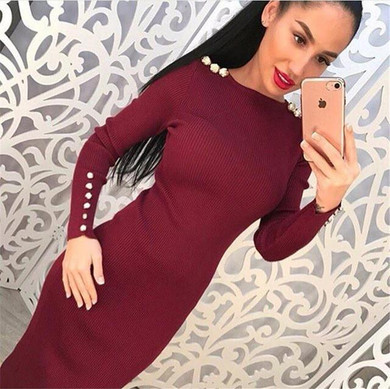 2017 Fashion Party Dress Women Sexy Sheath Bodycon Knitted Midi Dress Solid Long Sleeve Package Hip Dress Vestidos S-XL LJ7338E