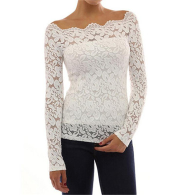 New 2017 Autumn Women Blouses Long Sleeve White Lace Blouse Off Shoulder Chiffon Shirts Women Slash Neck Tops Blusas Femininas