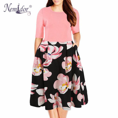 Nemidor 2018 Summer Vintage O-neck Half Sleeve Floral Print A-line Dress With Pockets 8XL 9XL Party Swing Plus Size Casual Dress