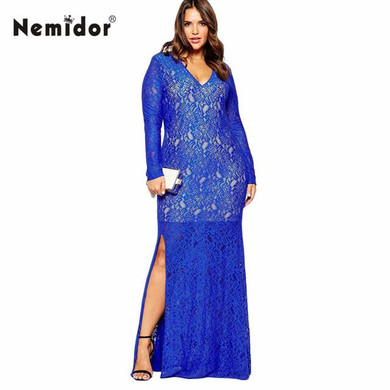 Nemidor 2017 Autumn Women V-neck Elegant Party Dress Plus Size 6XL 7XL 8XL Sexy Long Sleeve Party Lace Split Maxi Dress
