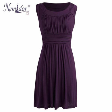 Nemidor 2016 Spring Summer Women Elegant O-neck Retro Pleated Swing Dresses Casual Sleeveless Midi Party Dress