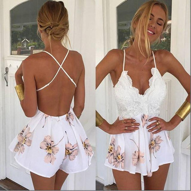 2017 Summer Lace Halter V Neck Floral Playsuit Sexy Shorts Rompers Womens Overall Jumpsuits macacao feminino