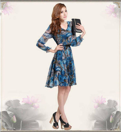 2017 Summer Floral Print V-Neck Long Sleeve Women Dress Elegant Casual Chiffon Party Dresses + Belt vestidos