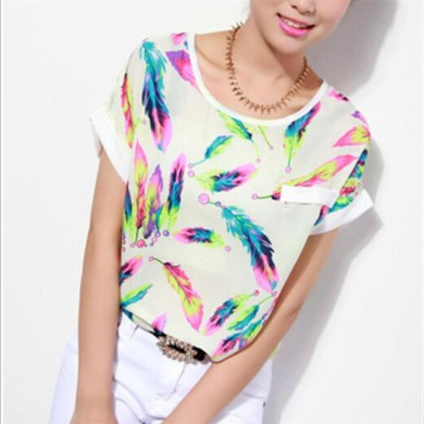 2017 Summer Feminine Shirts Women Feathers Print Chiffon Blouse Top Casual Short Sleeve Loose women blouses femininas Plus Size