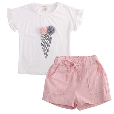 2017 Summer Fashion Children Girl Baby Kids Girls Ice cream Printed T-shirt Pants Shorts clothing Summer Outfits Clothes Set