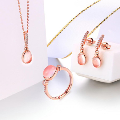 MoBuy 925 Sterling Silver Jewelry Set Pink Oval Natural Gemstone Rose Quartz Rose Gold Plated Fine Jewelry For Women V021ENR