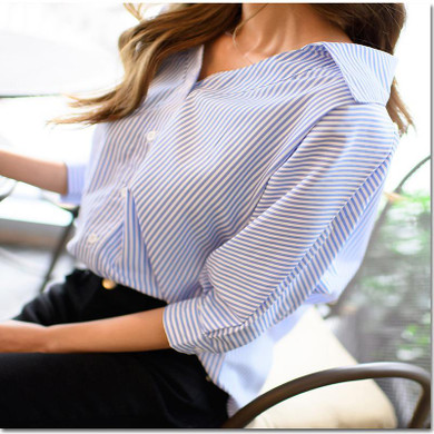 MOARCHO 2017 Summer Women Striped Blouse Fashion Casual Blue V-Neck Seven Sleeve Buttons Blouse Women Loose Tops Blusas Vestidos