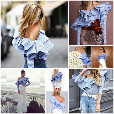 MOARCHO 2017 Casual Blue Women Blouse Shirt Cotton Striped Ladies Tops One Shoulder Ruffles Long Sleeve Blouses Summer Blusas