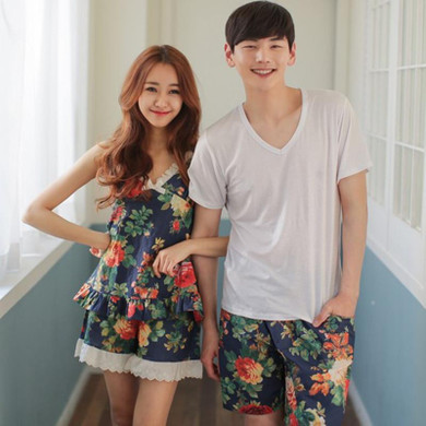 2017 Pajamas Men Cotton Summer Pyjama Men Floral Couple Short Sleeve Sleepwear Pajama Sets Men Sleepwear for Women Summer XXL