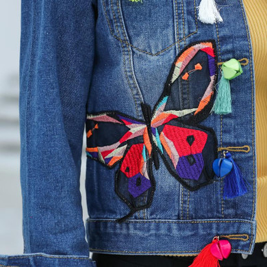2017 OLGITUM Colorful Butterfly Embroidery Ladies Jean Jackets Patch Designs Womens Denim Coats with Tassel frayed Slim Jacket