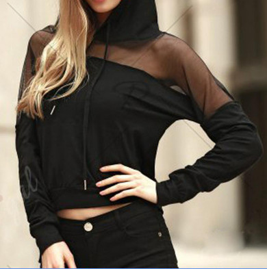 Hoodie Women Lady Shirt V-Neck Long Sleeve Hoodie Sweatshirt Mesh Patchwork Women Winter Jumper Pullover Black Tops