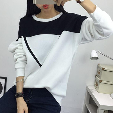 Hoodie Sweatshirt For Women Long Sleeved Pullover Black White Patchwork Casual Female Autumn Tracksuit V Pattern Tops 2018