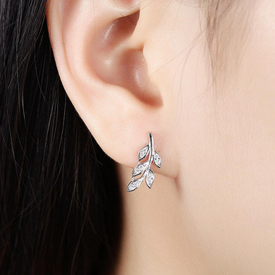 MUTO Authentic 925 Sterling Silver Sparkling Leaves Earrings, Clear CZ Earrings for Women Fine Jewelry SVED2958