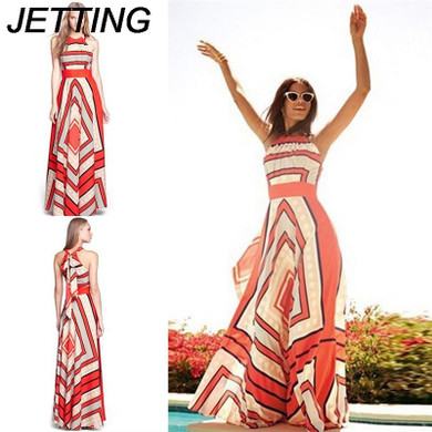 2018 Zebra Stripes Halter Chiffon Long Dress Maxi Dresses Vestidos Sexy Casual Sleeveless Split Beach Women Summer Dress