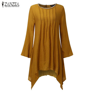2018 ZANZEA Vintage Women Autumn O Neck Long Sleeve Asymmetrical Hem Solid Long Shirt Blouse Casual Loose Pleated Tops Plus Size