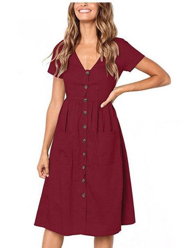 2018 Women's Fashion Summer Short Sleeve V Neck Button Down Swing Midi Dress with Pockets Beach Summer Dress