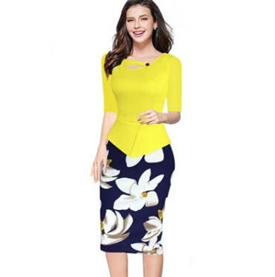 Elegant Women Autumn Winter Half Sleeve Office Business Sheath Pencil Dress Knee-Length Print Floral Bodycon Wear to Work Dress