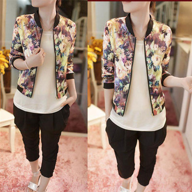 New style !!! 2017 women Jacket Spring Short Tops jackets Women Stand Collar Long Sleeve Zipper Floral Printed Bomber Jacket A 5
