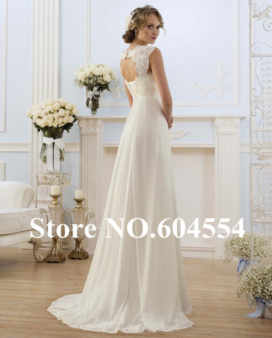 New Stock Vestido De Noiva 2017 White/Ivory Chiffon Applique Lace A-Line Beach Wedding Dress Cap Sleeve Robe De Mariage