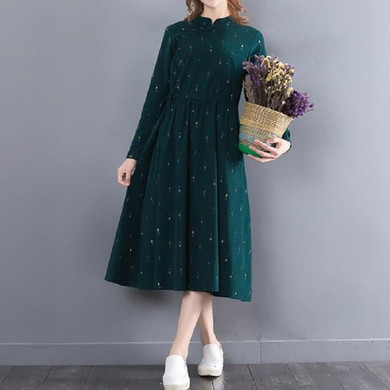 New Spring Autumn Mori Girl Maxi Long Dress Stand Collar Corduroy Women Green Vestidos Full Sleeve Printed Elegnat Slim Dresses