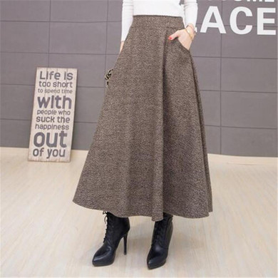 Autumn And Winter Long Skirt Women Vintage Woolen Skirt High Waist Saia Faldas Wool Pleated Skirts Womens Warm Maxi Skirt C2560