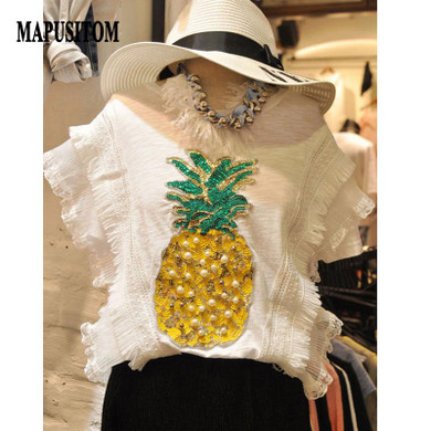 MAPUSITOM New T Shirt Women Short Sleeve T-shirt Bead Sequin Pineapple Tee Shirt Femme Casual Summer Tshirt for Women Tops 2017