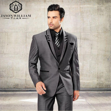 LN077 Men Suits Slim Fit Peaked Lapel Tuxedos Grey Wedding Suits With Black Lapel For Men Groomsmen Suits One Button 3 Piece