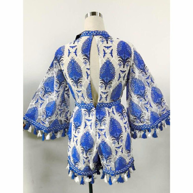 2017 Flare Sleeve Women Playsuits Tassel Rompers Women Jumpsuit Blue Floral Pattern Loose Lady Clothes Summer Beach Playsuit