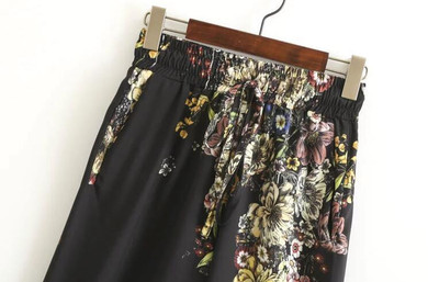 2017 Fashion Women Palazzo Pants Black Flower Elastic Waist Drawstring Causal Pants Wide Leg Pant Vintage Women Clothing PT140