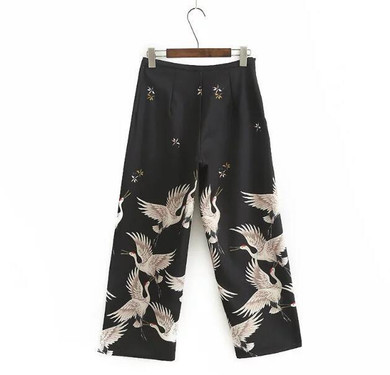 2017 Fashion Women Palazzo Pant Retro Black Wide Leg Pant Animal Crane Printed Causal Pants Elegant PT141