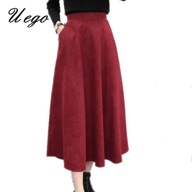 2017 Fashion Vintage Hepburn Style Autumn Winter Skirt High Waist Ball Gown Pleated Long Skirt velvet Women Casual Midi Skirts