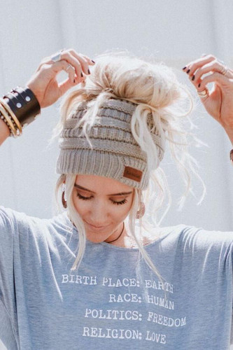 Messy Bun Beanie Ponytail Hat - Gray